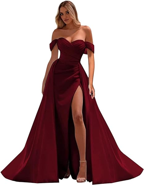 Off The Shoulder Prom Dresses Mermaid Ruched Split Ball Gowns for Women Formal Dress Long Satin