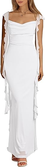 Womens Sleeveless Ruffle Party Maxi Bodycon Dresses