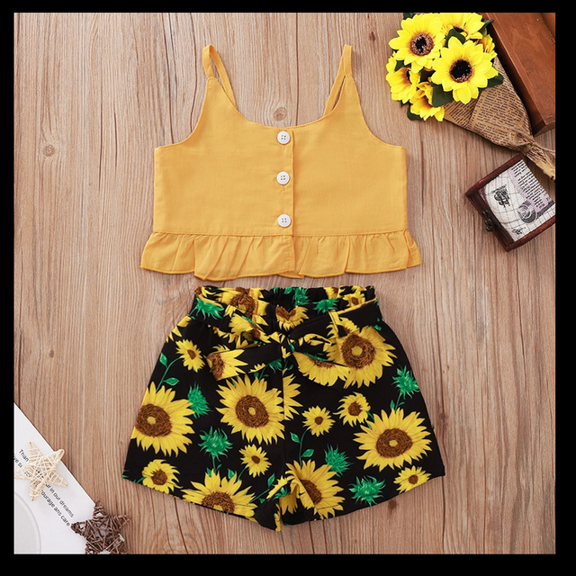 Summer Cute Baby Girl Clothing Ruffle Sling Tops Vest Bow Sunflower Printed Shorts Toddler Girls 2pcs Flower Shorts Set