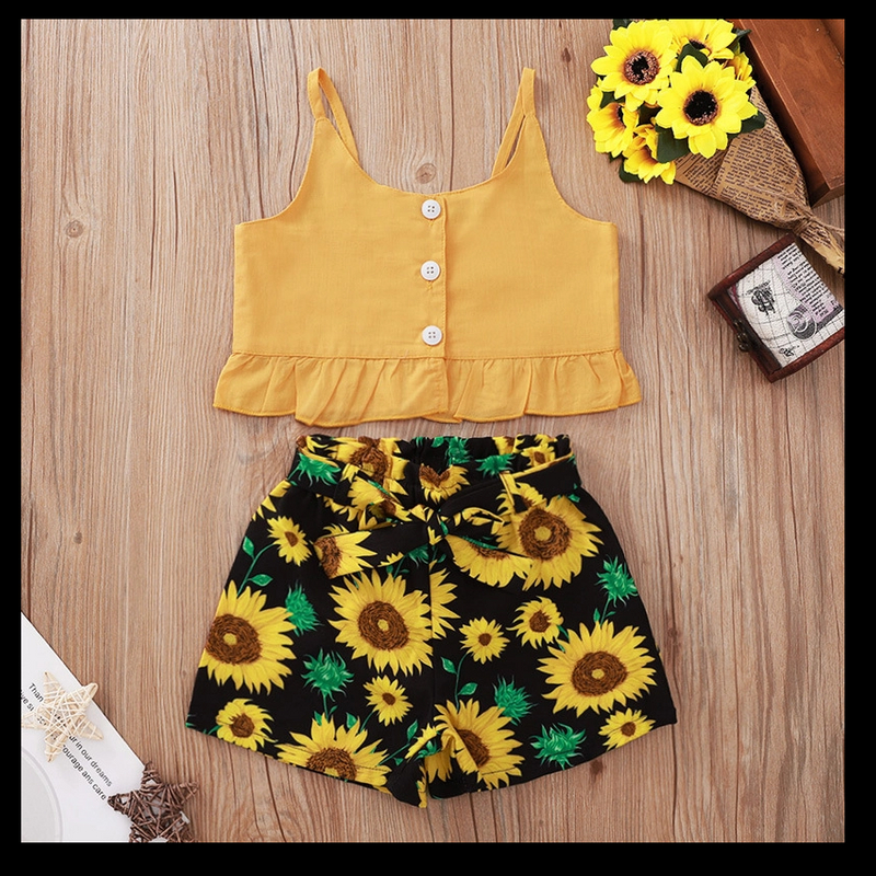 Summer Cute Baby Girl Clothing Ruffle Sling Tops Vest Bow Sunflower Printed Shorts Toddler Girls 2pcs Flower Shorts Set