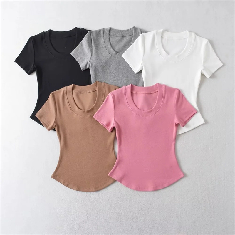 Basic Crew Neck Curve Bottom Short Sleeve Cotton Spandex Rib Stretchy Women T Shirts