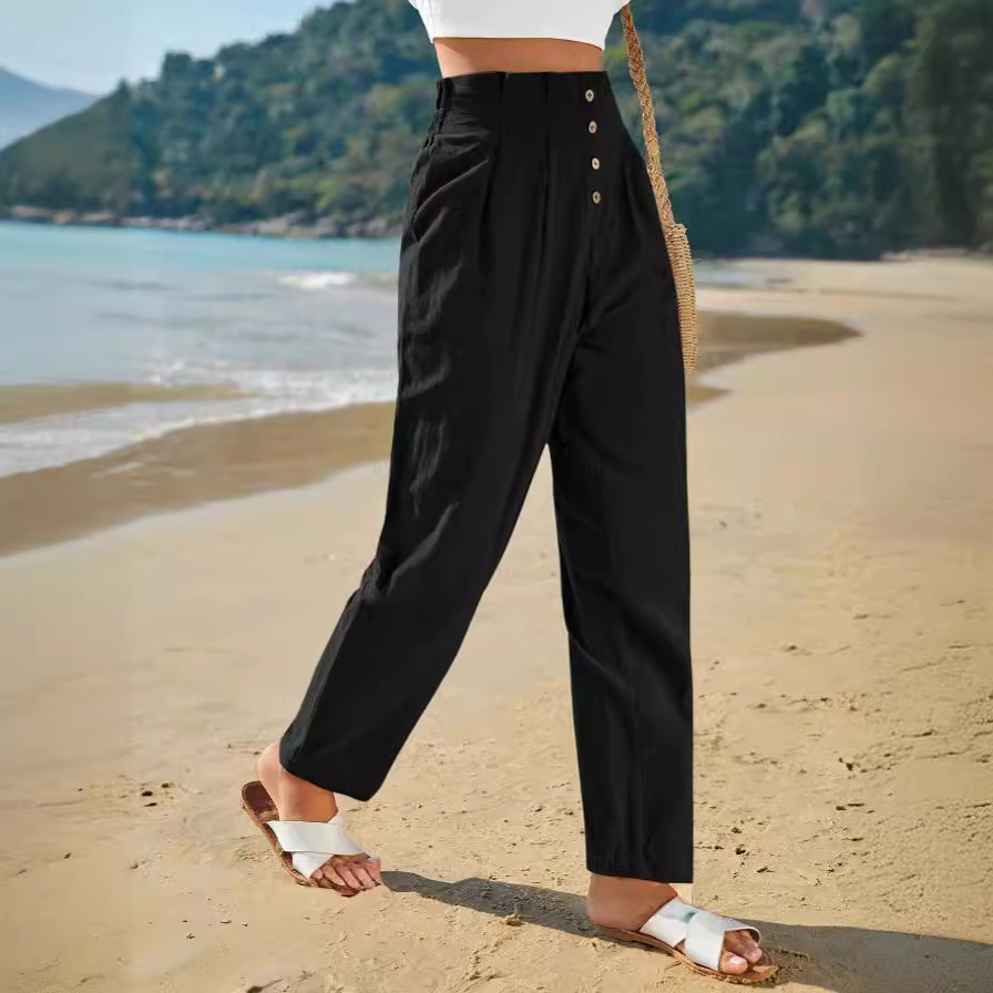  Solid Color High Waist Casual Button Cotton Linen Wide Leg Pants Women's Pants