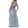 Denim Vintage Skirt Outfits Sexy Women Two Pieces Jeans Casual Matching Set Top+Split Skirts