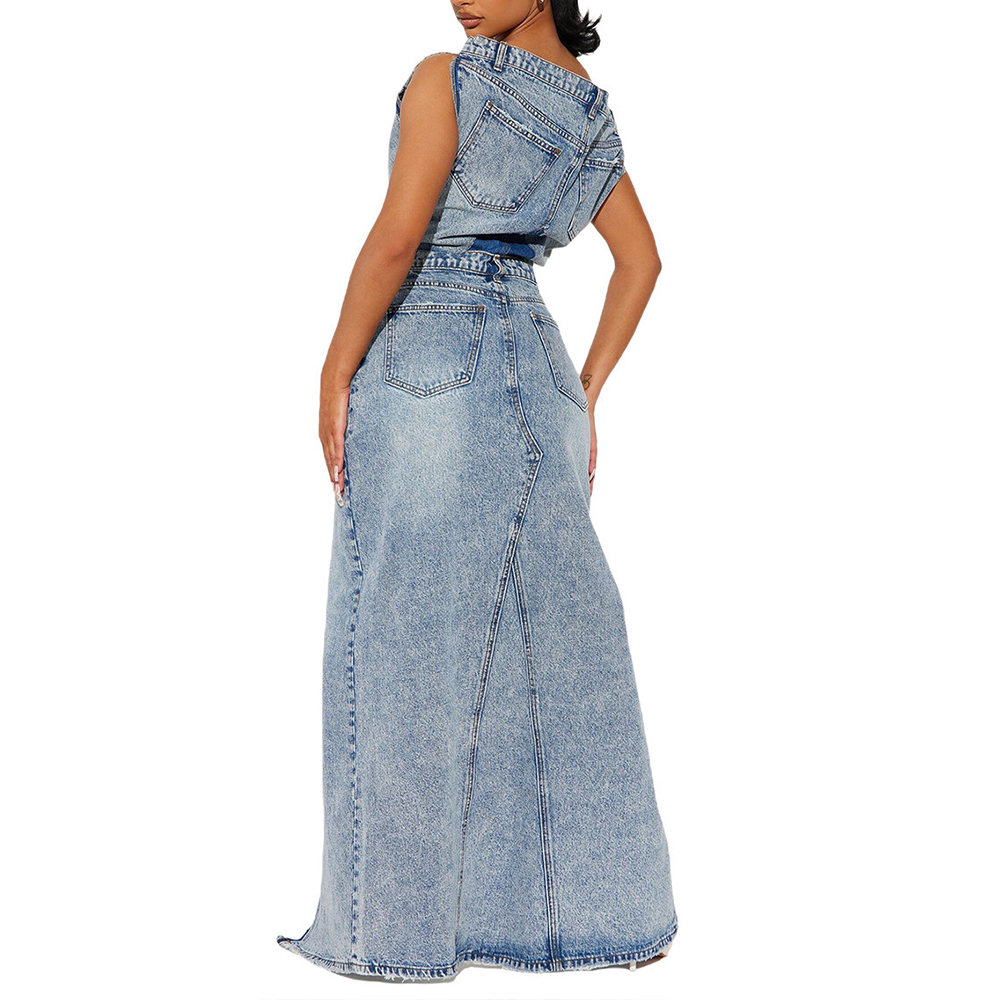 Denim Vintage Skirt Outfits Sexy Women Two Pieces Jeans Casual Matching Set Top+Split Skirts