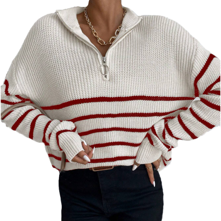 Frenchy Striped Drop Shoulder Zipper Front Long-Sleeve Women's Top Zipper Pullover Sweater