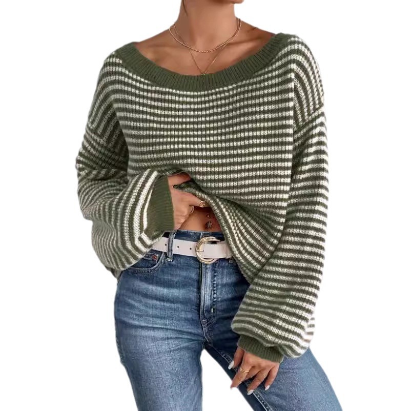 Women's Striped Casual Knitted Sweater Striped Pattern Off Shoulder Lantern Sleeve Sweater