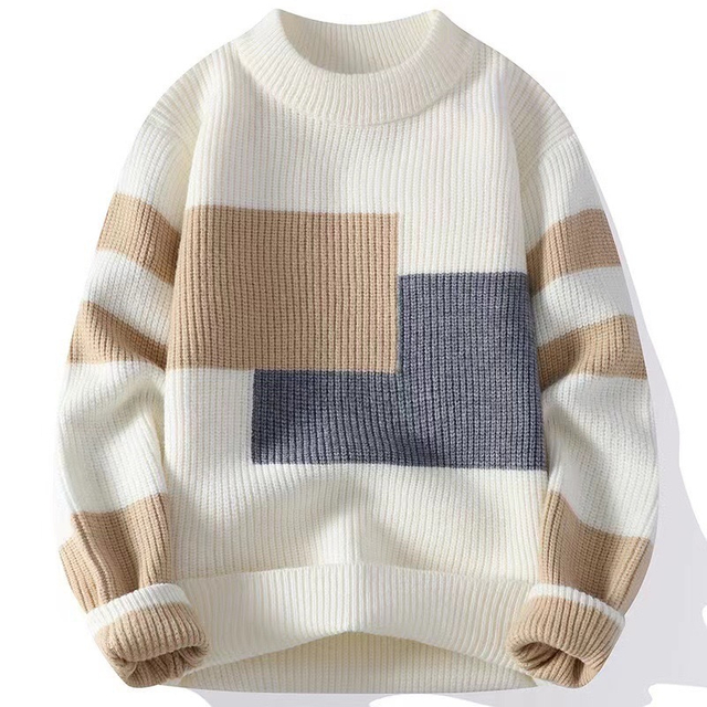 Men's Round Neck Jumper Winter Warm Wool Knitwear with Pattern Decoration Thickened Loose Pullover