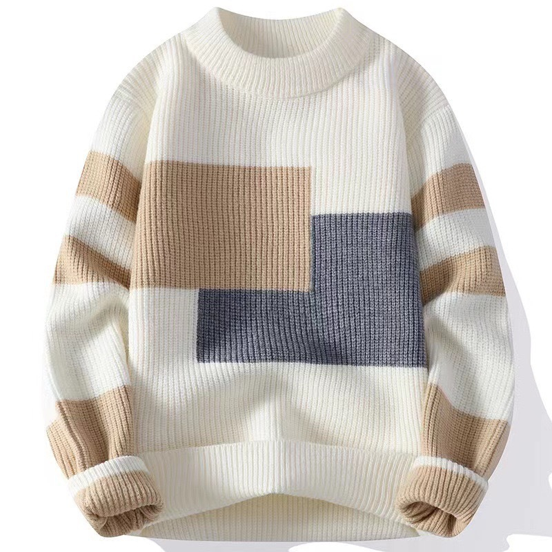 Men's Round Neck Jumper Winter Warm Wool Knitwear with Pattern Decoration Thickened Loose Pullover