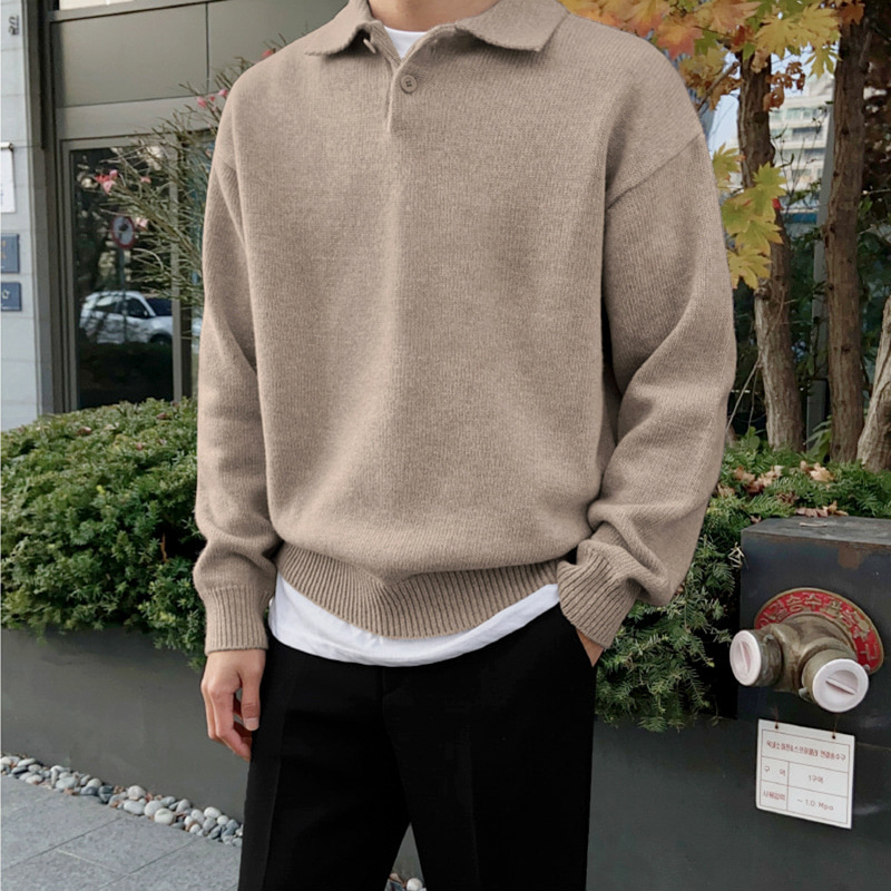 Solid Color Shirt Collar Men's Long Sleeve Casual Knit Pullover Sweatshirt Slim Fit Thermal Winter Fashion Sweater for Men