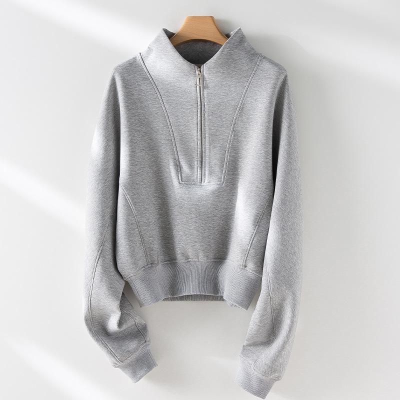 Custom Logo Womens Sweatshirts Cotton Half Zip Up Stand Collar Panels Design Hoodie&Sweatshirt
