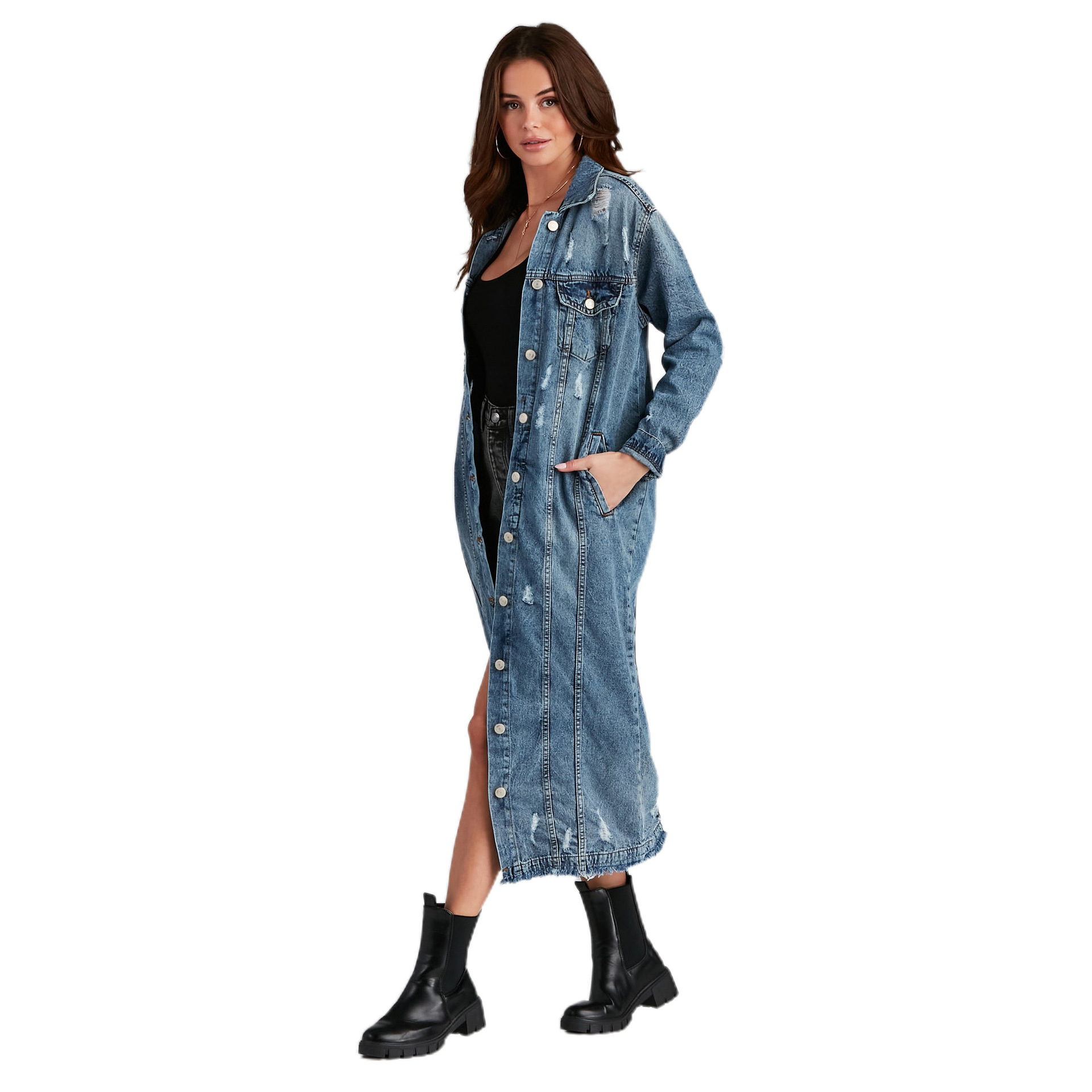 Plus Size Denim Jacket Women's Solid Color Tassel Breasted Ripped Hole Long Denim Trench Coat