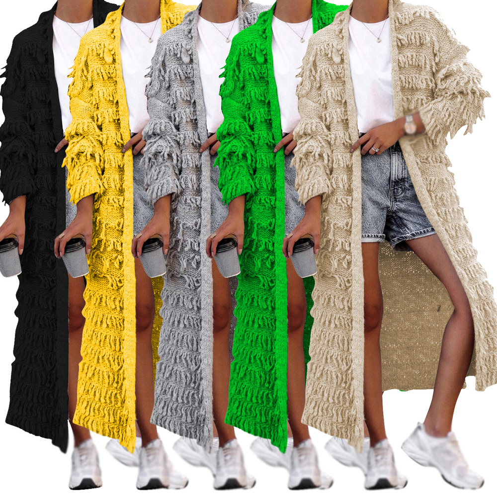 Fall Women Tassel Knitted Jacket Fashion Winter Solid Color Long Cardigan Coat With Tassel