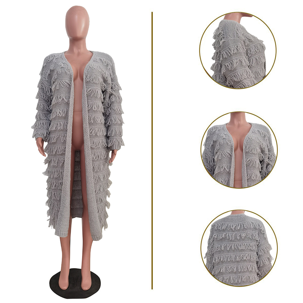 Fall Women Tassel Knitted Jacket Fashion Winter Solid Color Long Cardigan Coat With Tassel