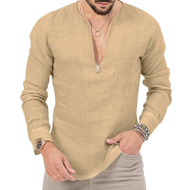 Fashion Casual Slim Brand V Neck Solid Color Long Sleeves T Shirt For Men