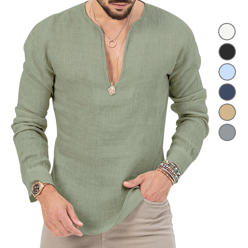 Fashion Casual Slim Brand V Neck Solid Color Long Sleeves T Shirt For Men