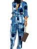 Deep V-neck Women's Printed Elastic Waist Pocket Office Ladies Casual Loose Plus Size Highwaist Casual Straight Women Jumpsuit