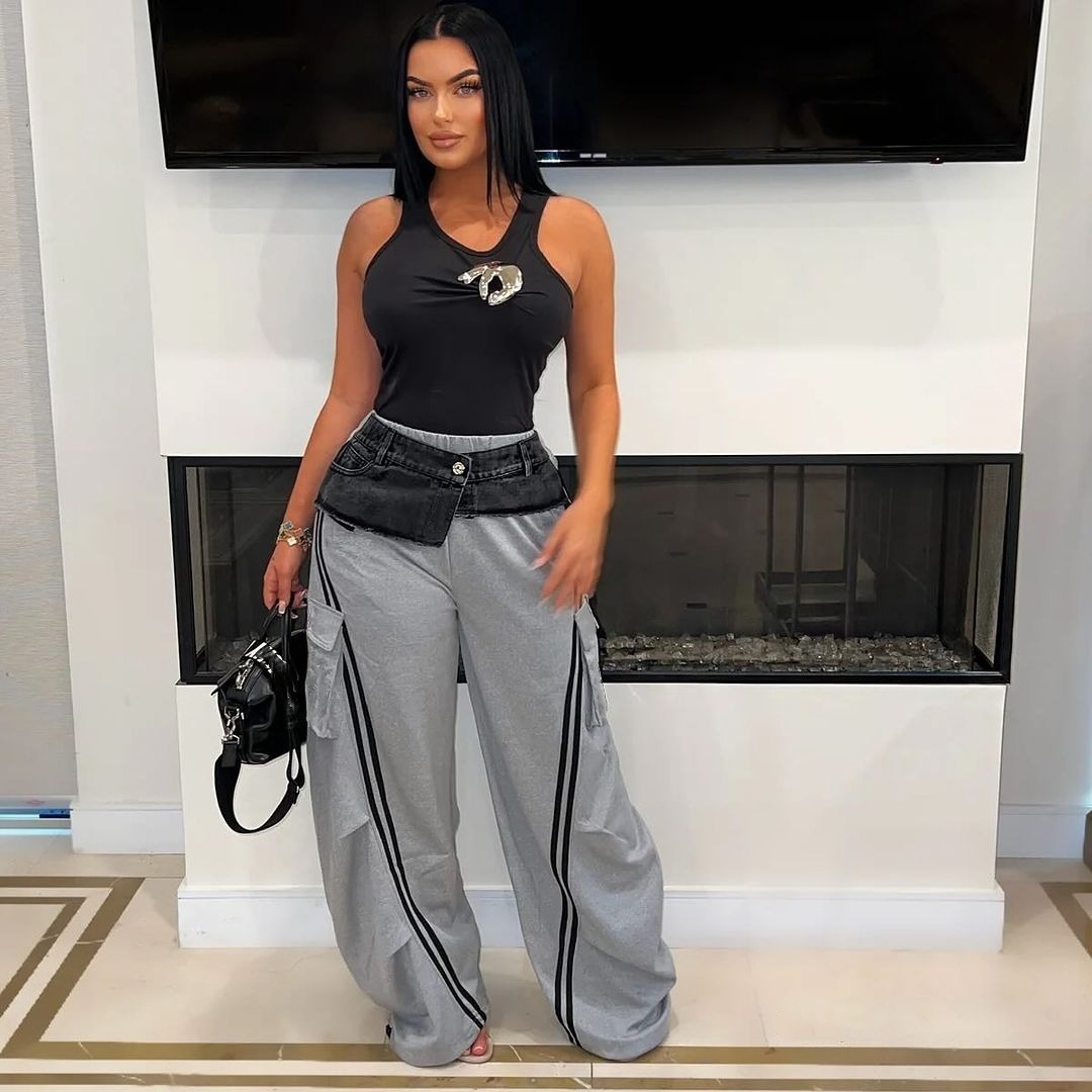Fashion Casual Patchwork Denim Sports Straight Jogger Jogging Cargo Women Pants & Trousers