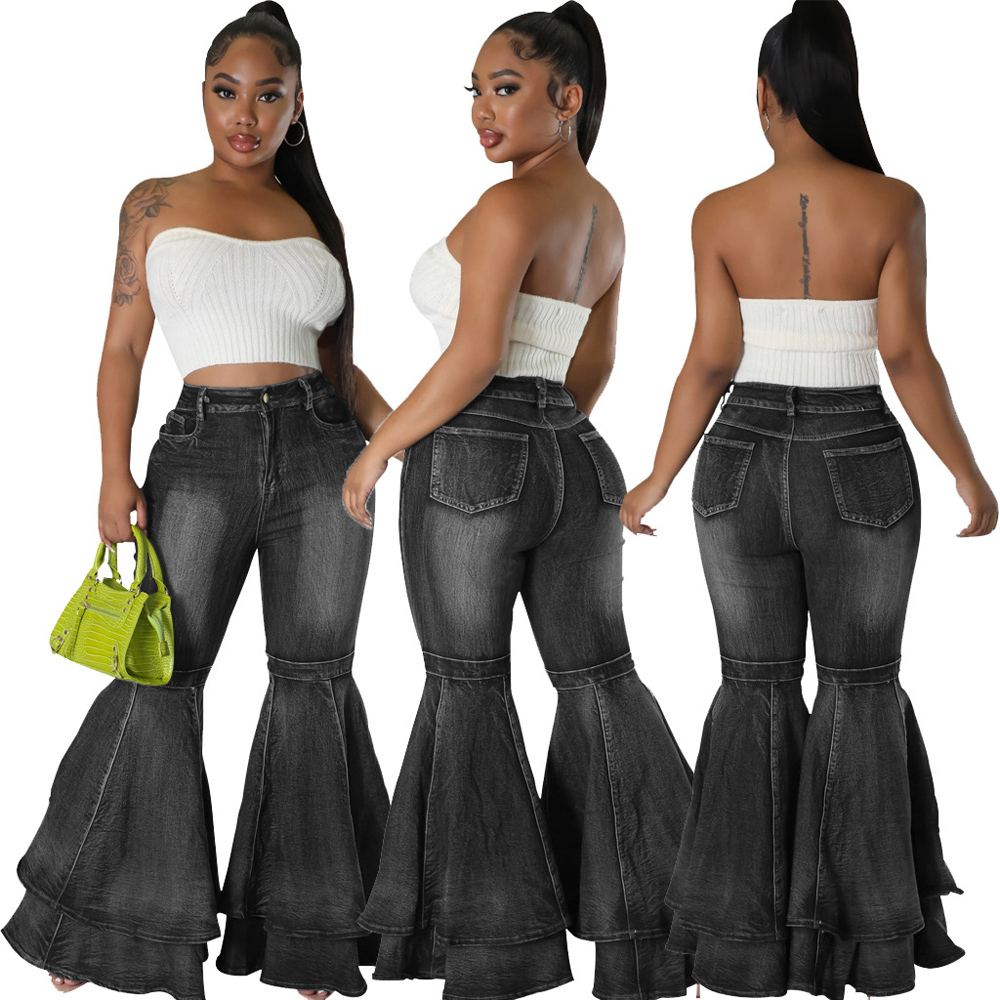Women Casual High Waist Bell Bottom Flare Wide Leg Pants Women Casual Jeans