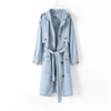 Long Sleeve Lapel Double Breasted Belt Denim Mid-Long Windbreaker Jacket 