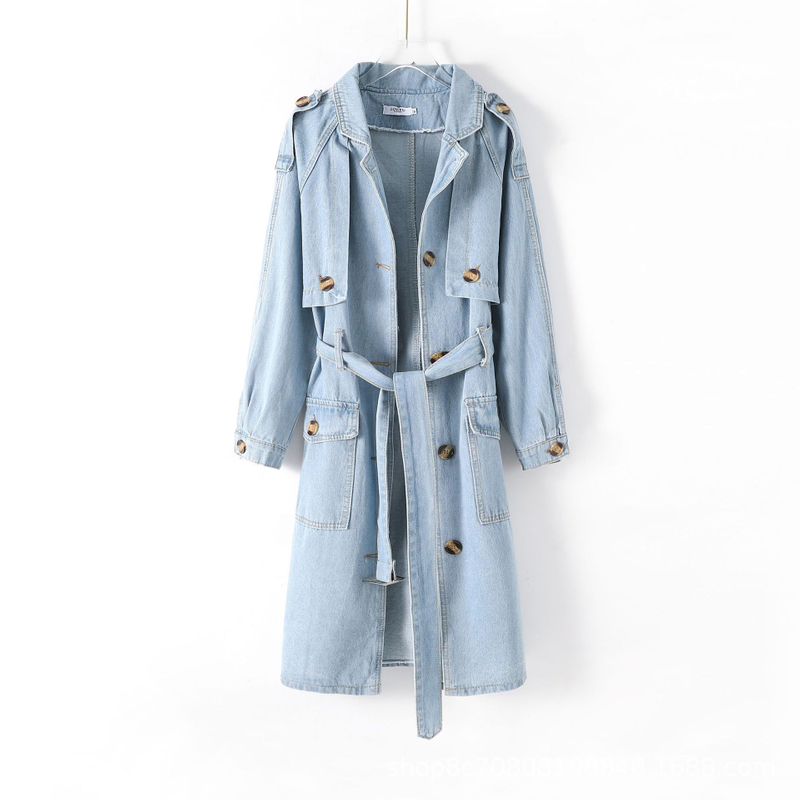 Long Sleeve Lapel Double Breasted Belt Denim Mid-Long Windbreaker Jacket 