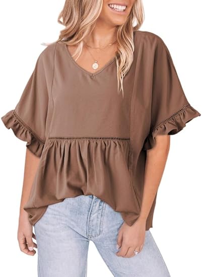 Womens Blouses Casual V Neck Ruffle Bell Half Sleeve Shirts Top