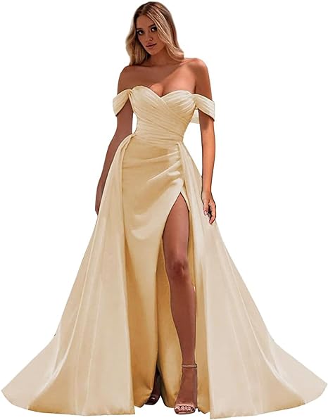 Off The Shoulder Prom Dresses Mermaid Ruched Split Ball Gowns for Women Formal Dress Long Satin
