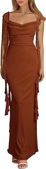 Womens Sleeveless Ruffle Party Maxi Bodycon Dresses