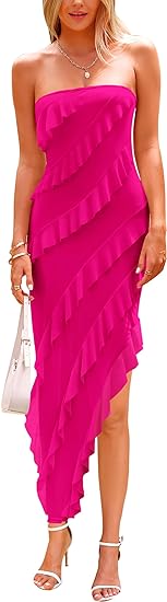 Womens Strapless Tube Asymmetrical Ruffle Maxi Bodycon Dress