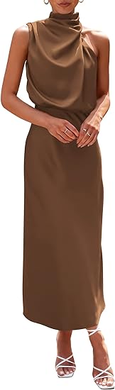Women's 2024 Summer Satin Dress Elegant Sleeveless Mock Neck Cocktail Party Maxi Dresses