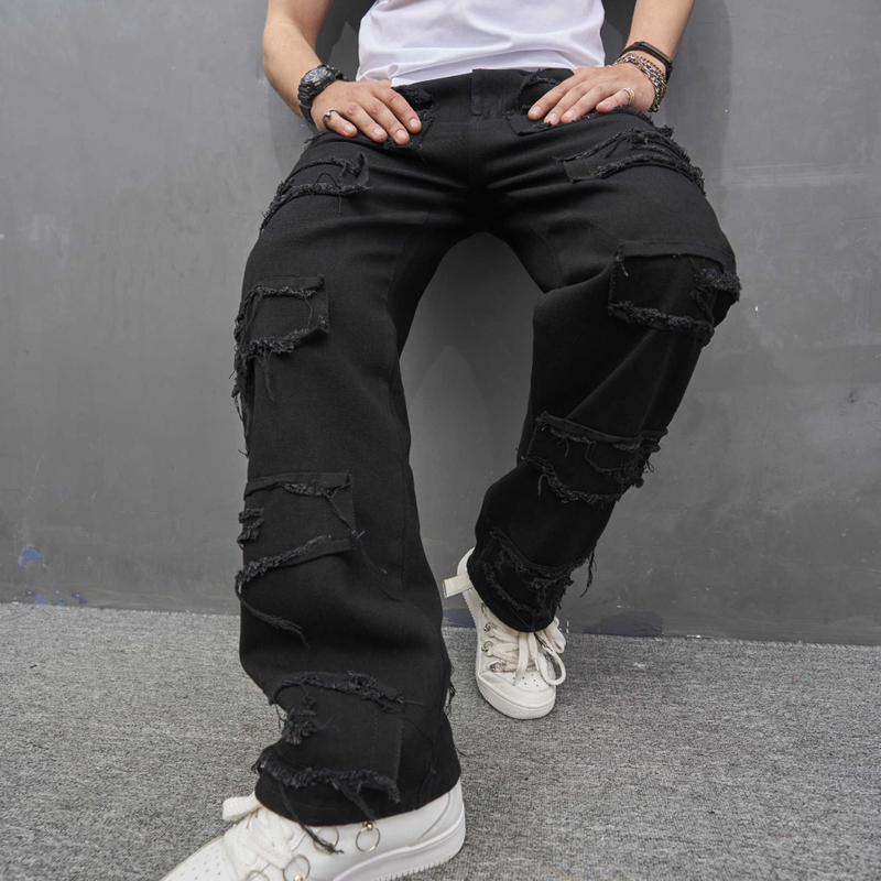 Men's Streetwear Ripped Patch Straight Leg Loose Jeans Pants Men's Hip Hop Hole Casual Jeans