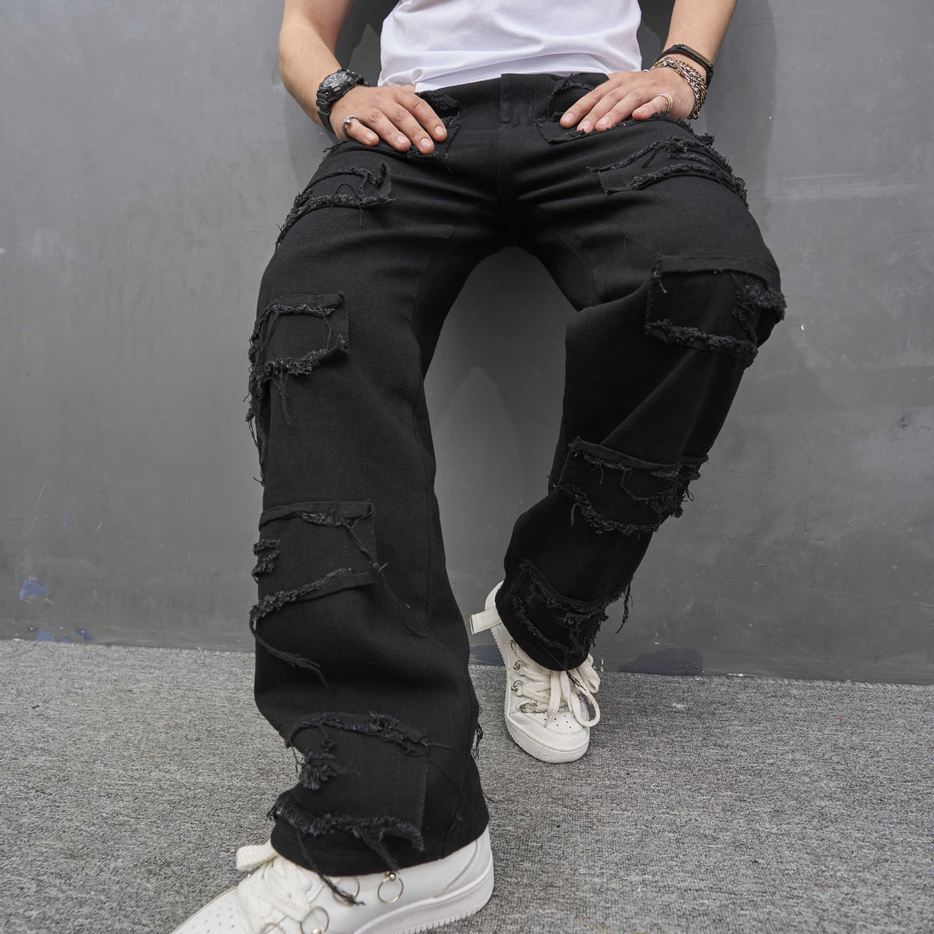Men's Streetwear Ripped Patch Straight Leg Loose Jeans Pants Men's Hip Hop Hole Casual Jeans