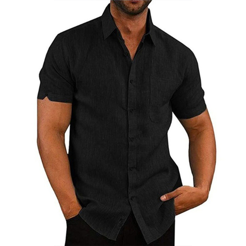 Mens Linen Blouse Short Sleeve Summer Solid Comfortable Pure Cotton And Linen Casual Loose Holiday Shirts