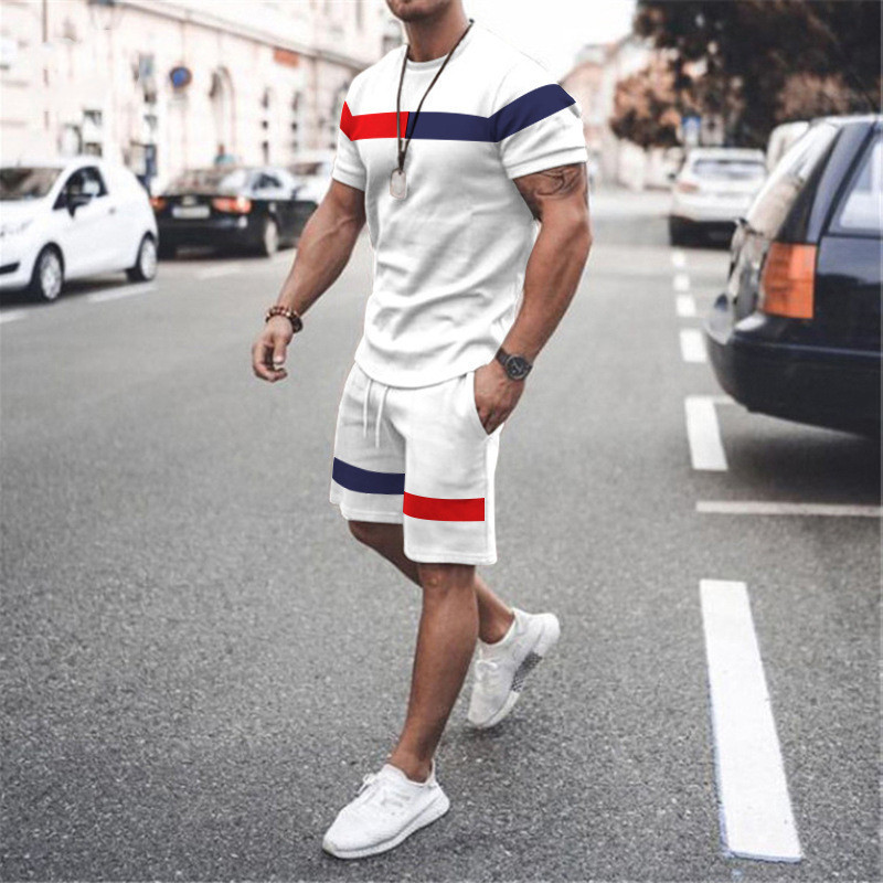 Fashion Solid Color 3D Print Summer Men Tracksuit Cotton Material 2pcs Short Sleeve Men T Shirt And Shorts For Running