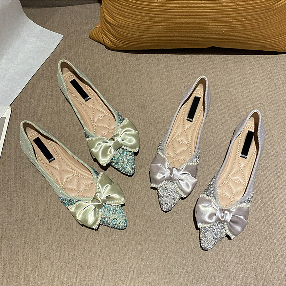 Elegant Flat Shoes Bow Point Toe Shoes Summer Rhinestones Women Fashion Shoes
