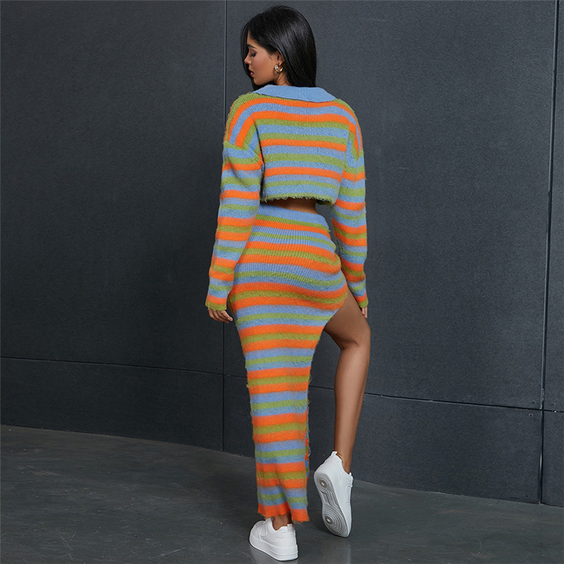 Fall Winter Women's Sets Knitted Outfits Zipper Cardigan+split Skirt Striped Sweater 2 Piece Set Women