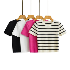 Fashion Short Ice Silk Knitted Top Sweater Vintage Short Sleeve Female Pullovers Chic Tops