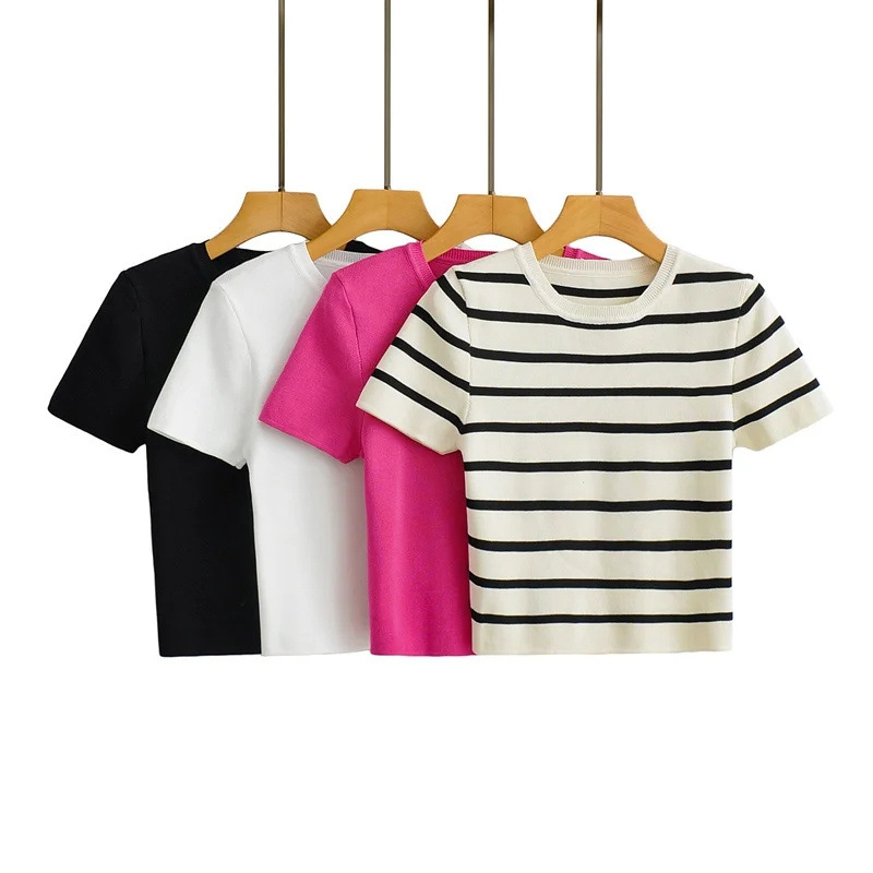 Fashion Short Ice Silk Knitted Top Sweater Vintage Short Sleeve Female Pullovers Chic Tops