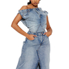 Denim Vintage Skirt Outfits Sexy Women Two Pieces Jeans Casual Matching Set Top+Split Skirts