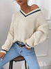 Frenchy Striped Trim Drop Shoulder Cricket V Neck Sweater