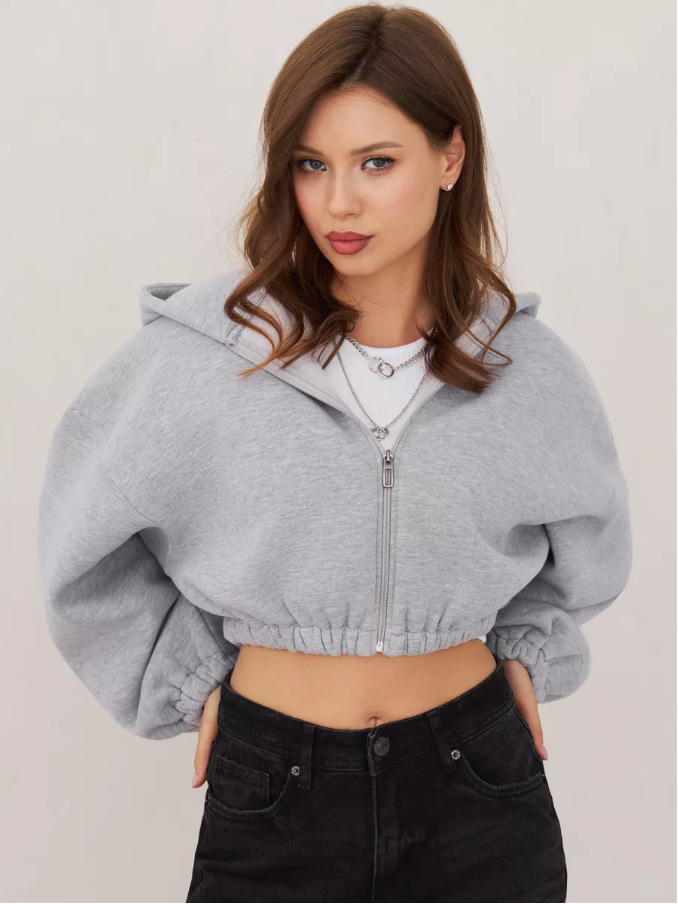 Women's Fashion Zipper Hoodie Cropped Jacket Solid Color Short Long Sleeve Loose Hoodies for Female's