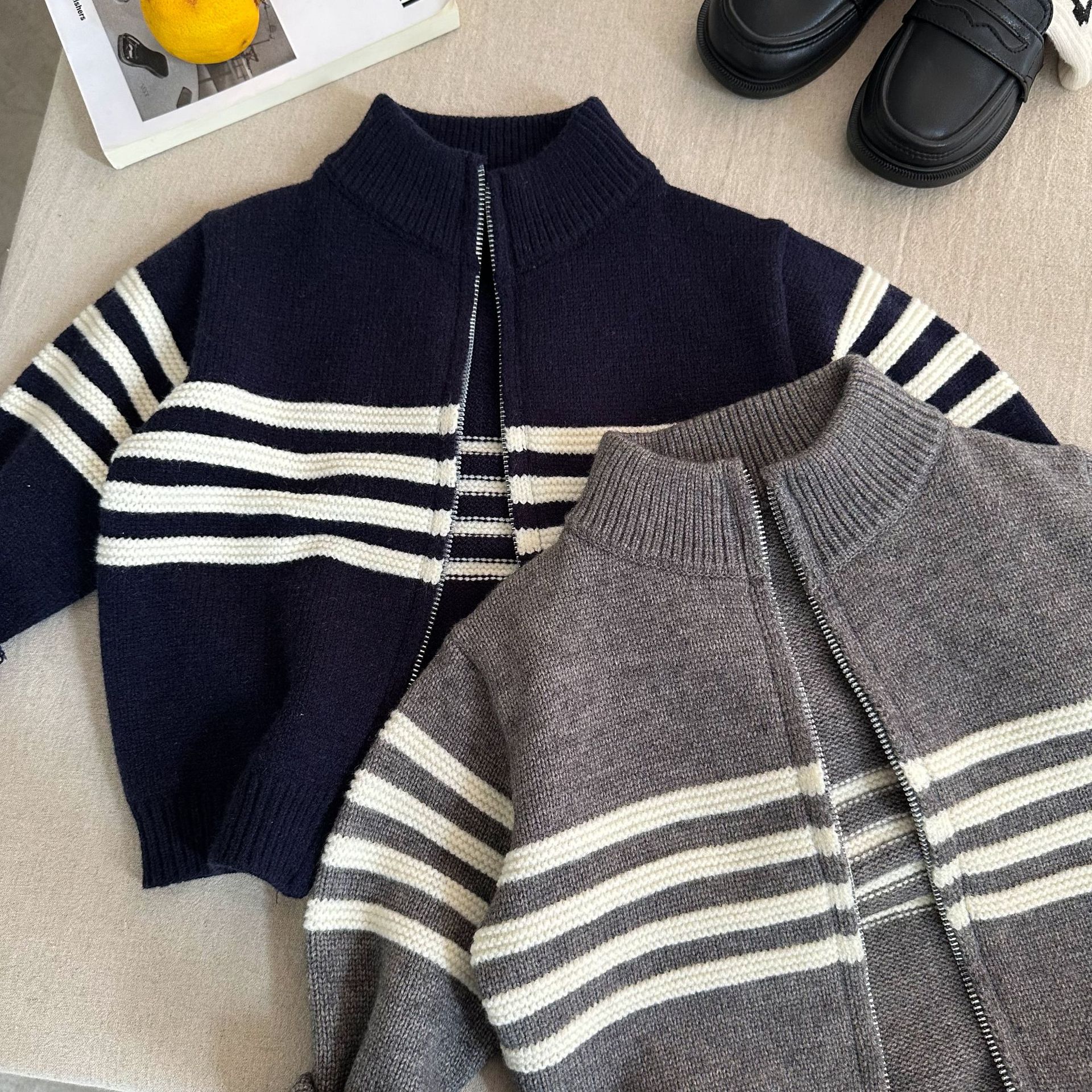 Winter Coat Kids Long Sleeve Zip Full Placket Cotton Knitted Children Sweater