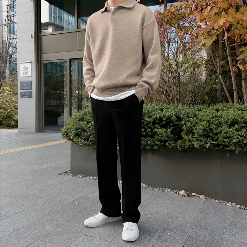 Solid Color Shirt Collar Men's Long Sleeve Casual Knit Pullover Sweatshirt Slim Fit Thermal Winter Fashion Sweater for Men
