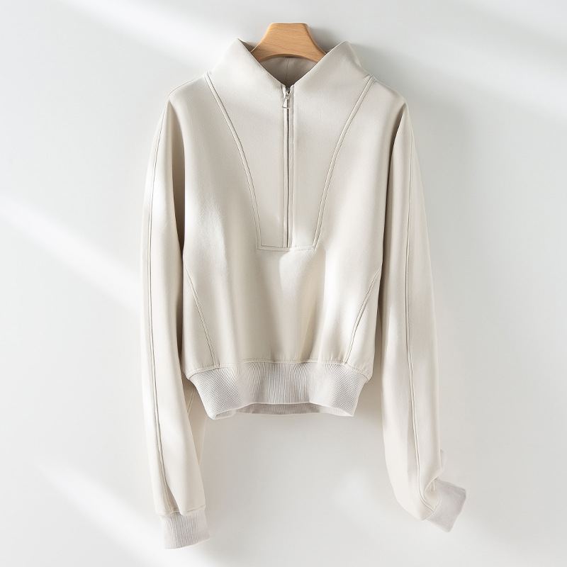 Custom Logo Womens Sweatshirts Cotton Half Zip Up Stand Collar Panels Design Hoodie&Sweatshirt