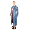 Winter Ripped Denim Cardigan Coat Turn Down Collar Long Jacket Fashion Ladies Long Denim Coat