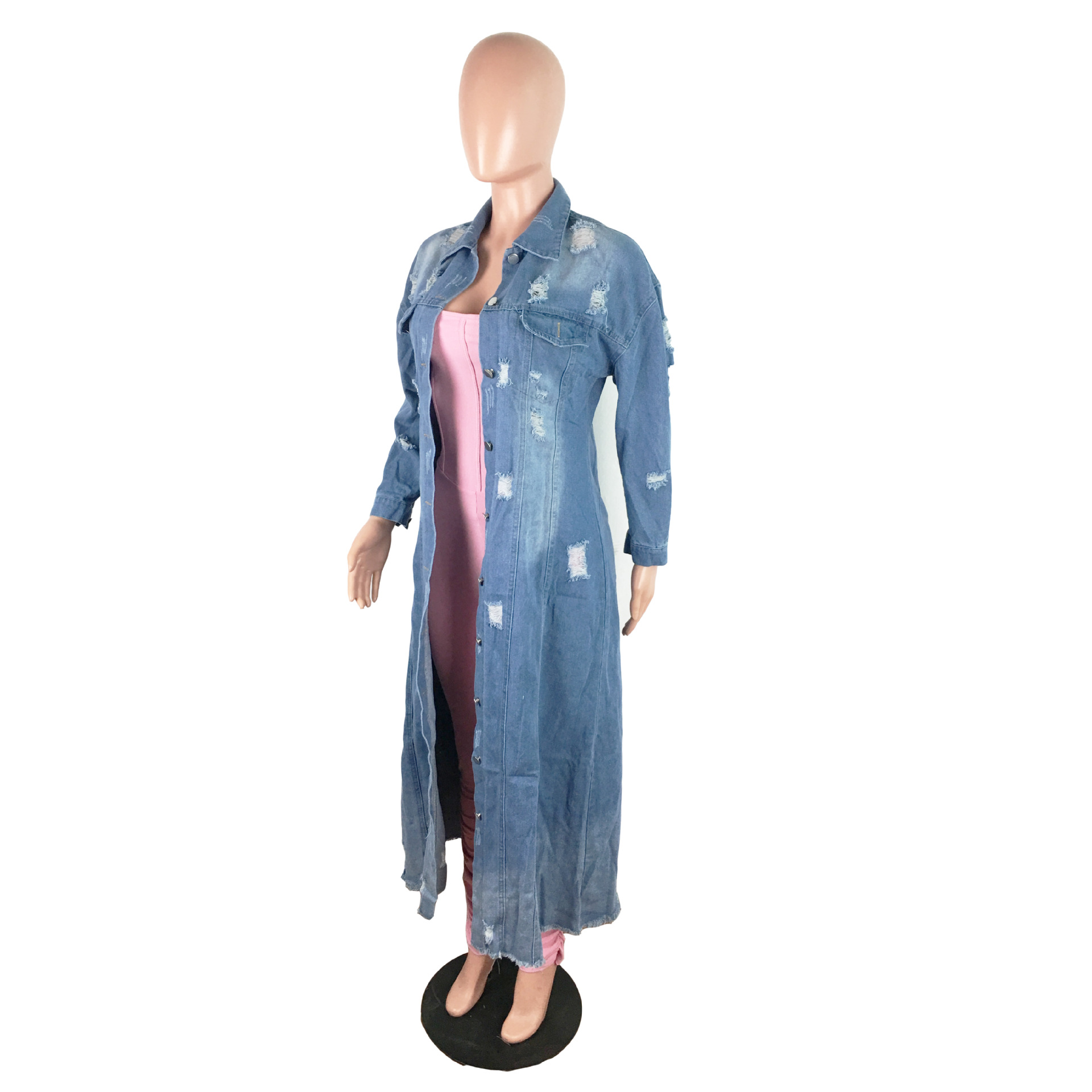 Winter Ripped Denim Cardigan Coat Turn Down Collar Long Jacket Fashion Ladies Long Denim Coat