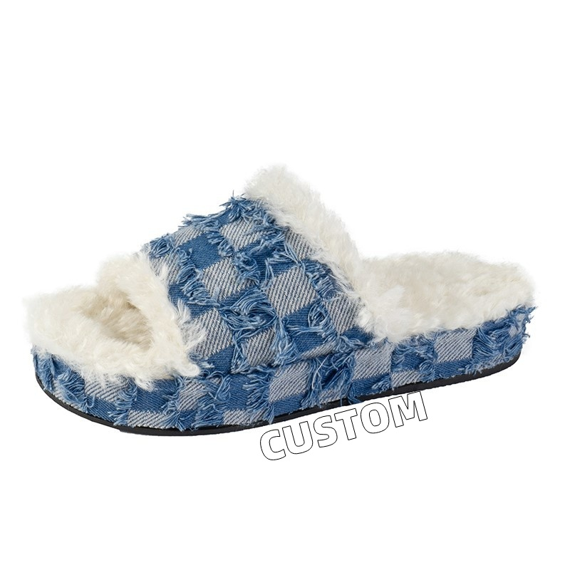 Customized Winter Plush Indoor Home Bedroom Flat Slippers Shoes Designer Slippers For Women