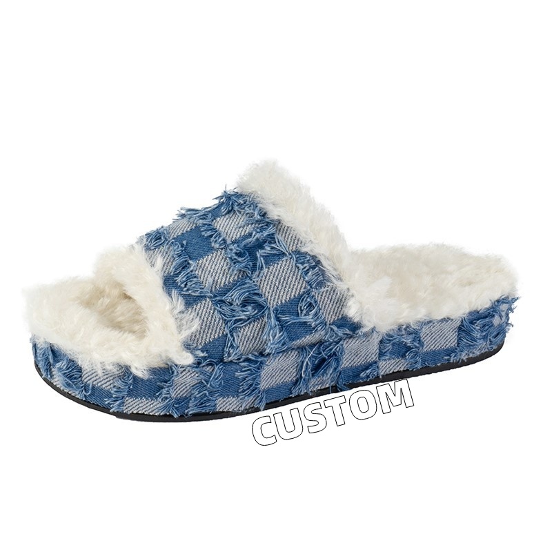 Customized Winter Plush Indoor Home Bedroom Flat Slippers Shoes Designer Slippers For Women