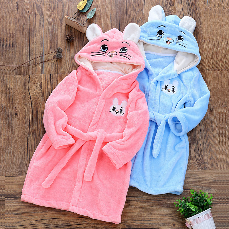 Winter Cartoon Cute Baby-boys Flannel Bathrobe With Hoodies
