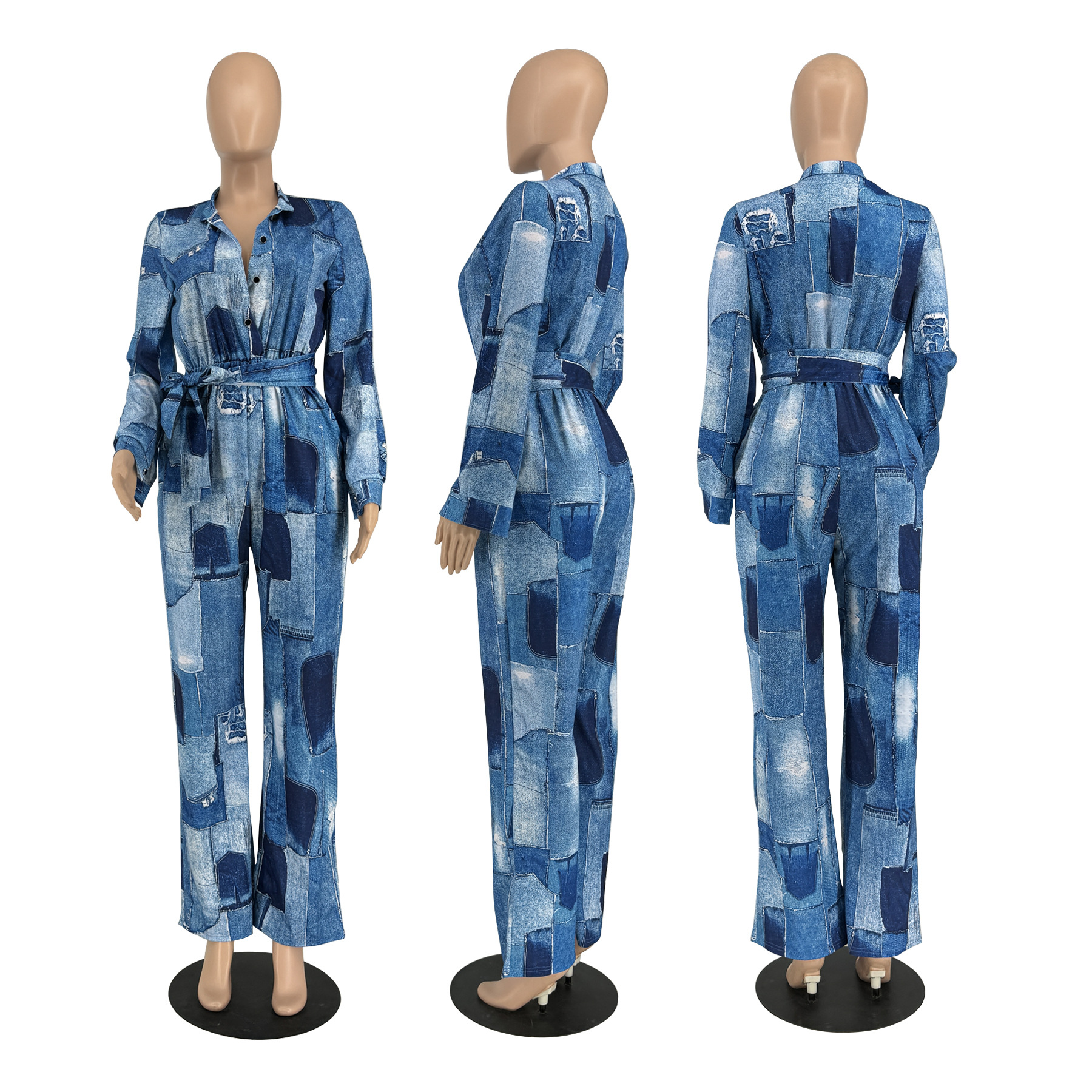 Deep V-neck Women's Printed Elastic Waist Pocket Office Ladies Casual Loose Plus Size Highwaist Casual Straight Women Jumpsuit