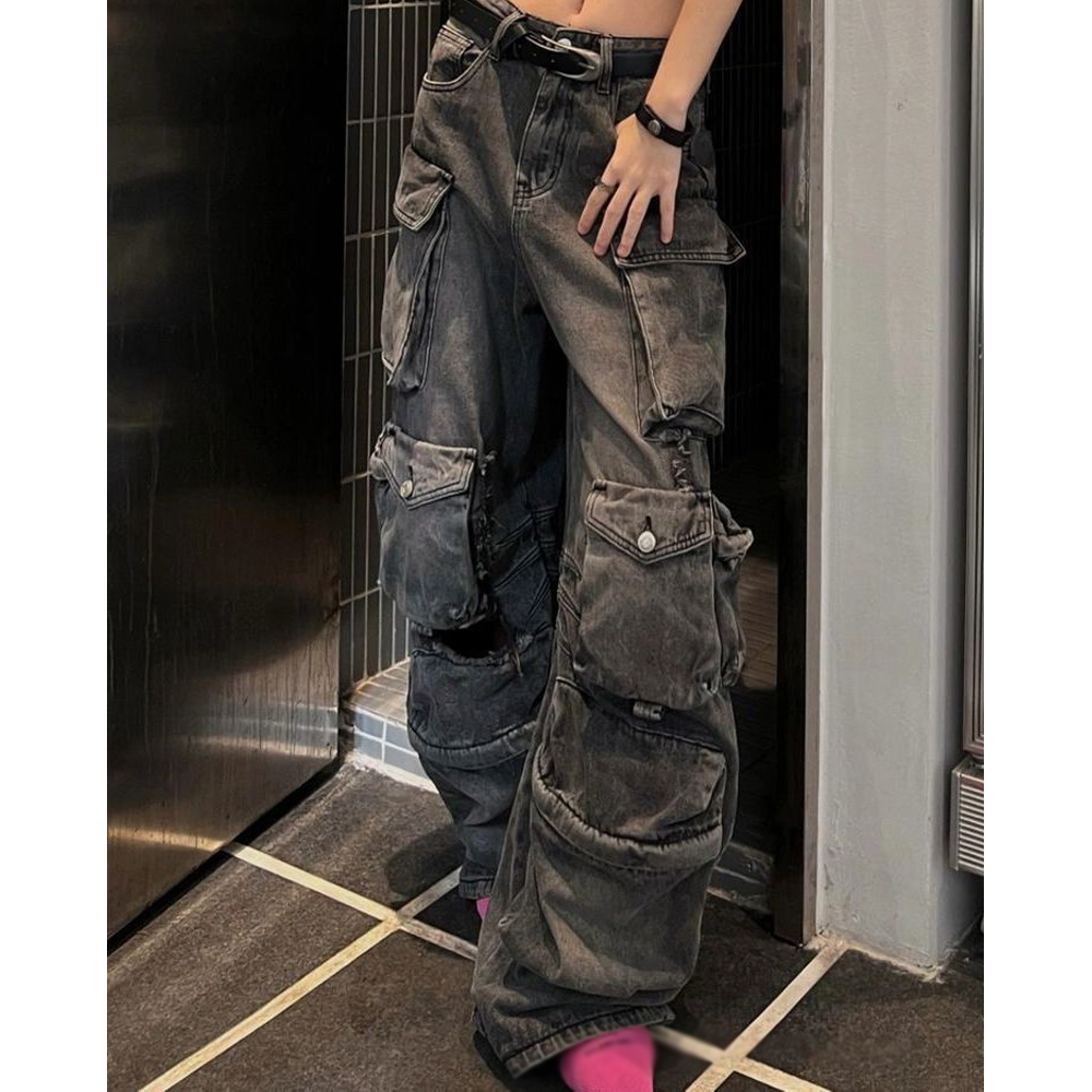 Multi Pockets Women Wide Leg Jeans Denim Pants Side Pocket Cargo Pant Baggy Jeans